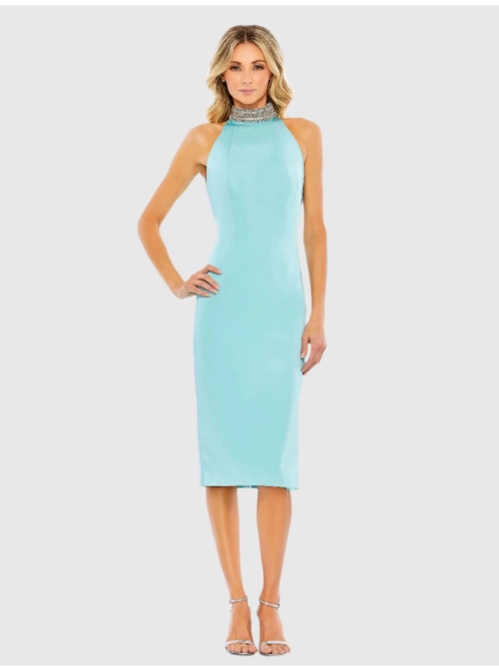 MacDuggal Open Back Jeweled Halter Midi Dress
